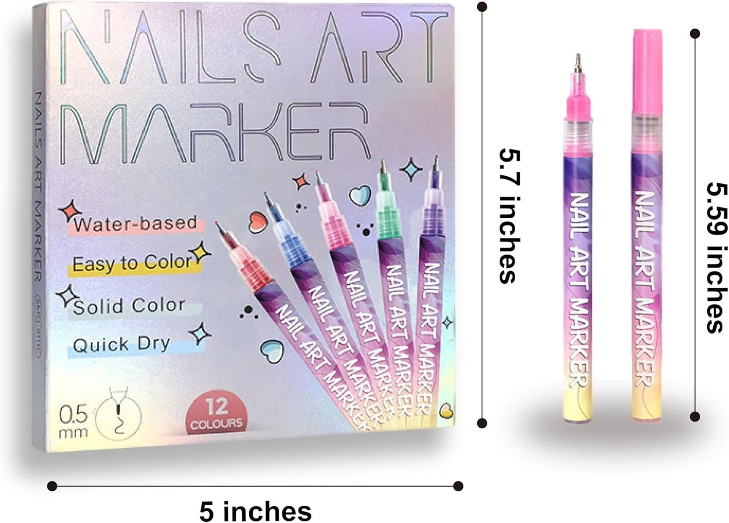 12 Color Nail Art Pens,Waterproof and Quick-drying Nail for DIY Nails Art Design Manicure Tools