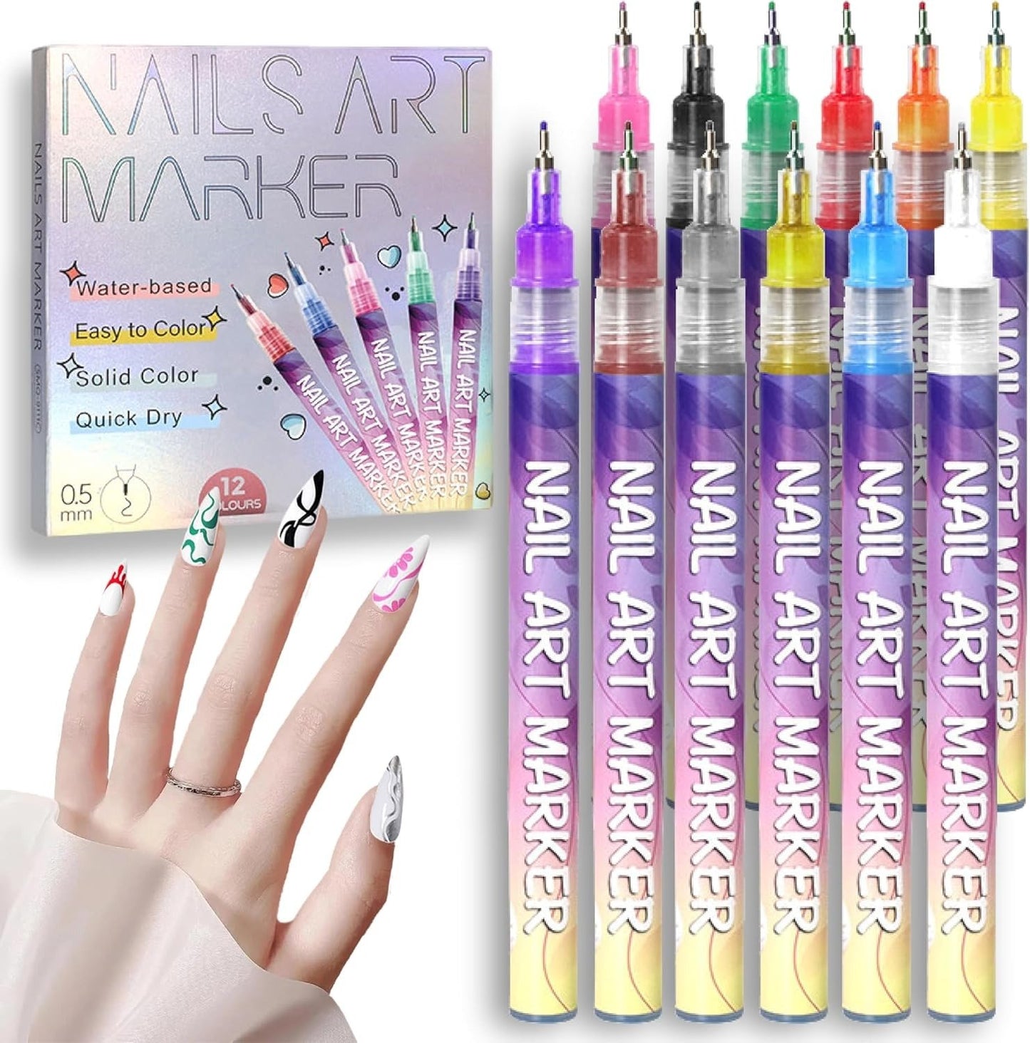 12 Color Nail Art Pens,Waterproof and Quick-drying Nail for DIY Nails Art Design Manicure Tools