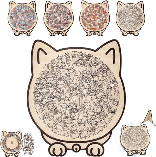 135-Piece Mailard/Macaron/Wooden/Morandi-Colored Cat Shaped Wooden Jigsaw Puzzle for Adults, Cute Animal Cats Decorative with Adorable Cats Outlines Framed and Acrylic Cover, Home Decor & Gift