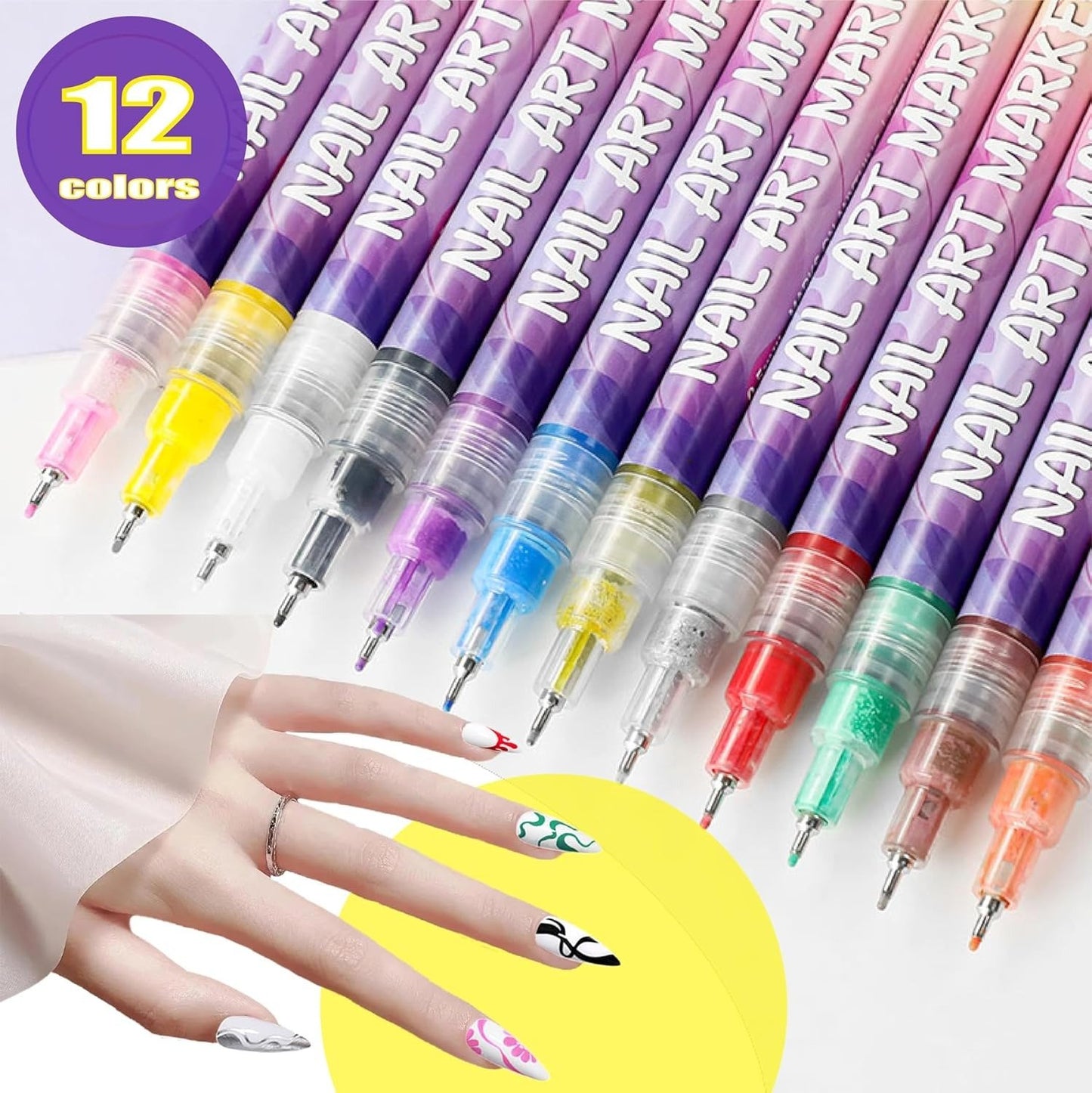 12 Color Nail Art Pens,Waterproof and Quick-drying Nail for DIY Nails Art Design Manicure Tools