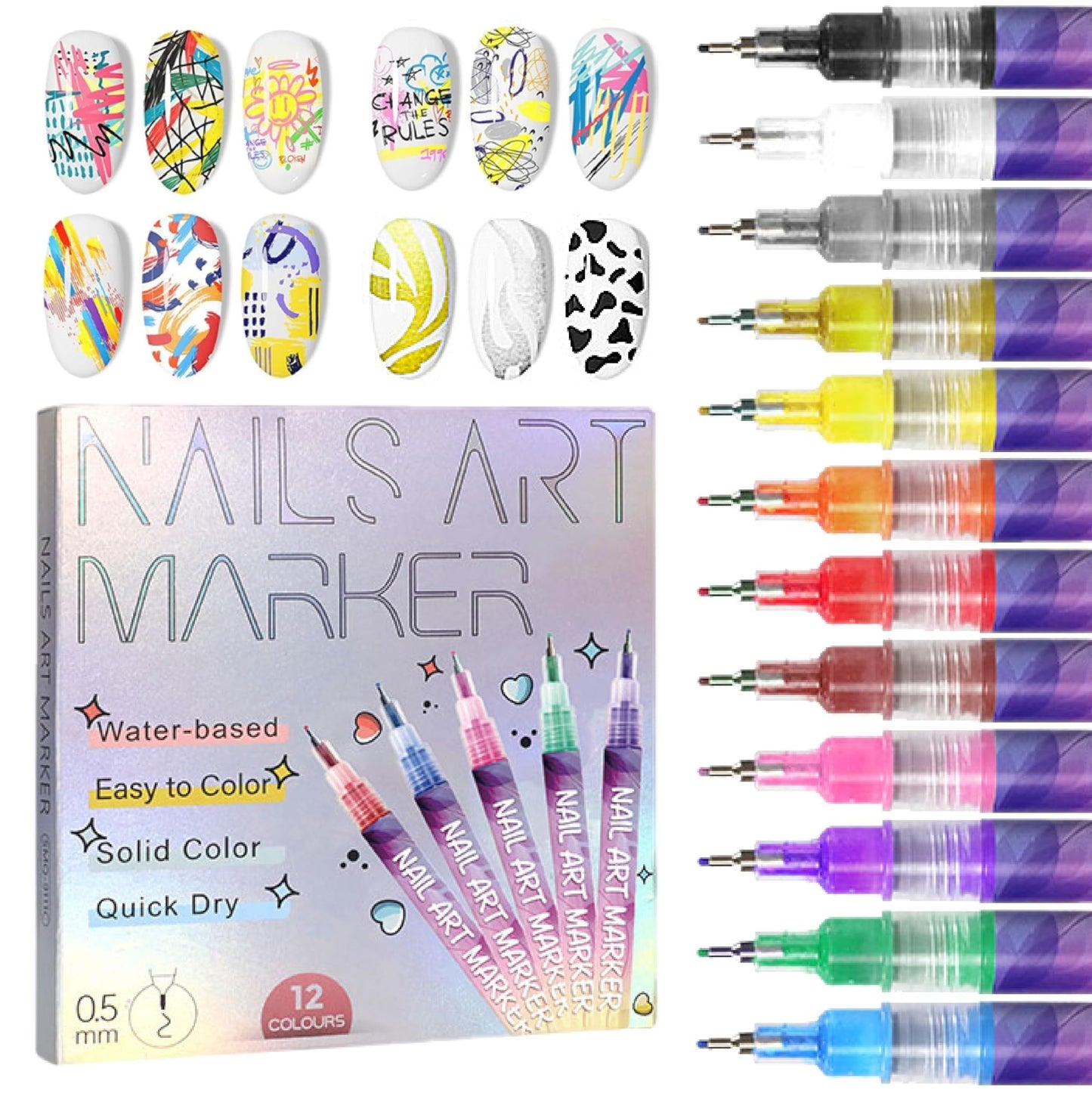 12 Color Nail Art Pens,Waterproof and Quick-drying Nail for DIY Nails Art Design Manicure Tools