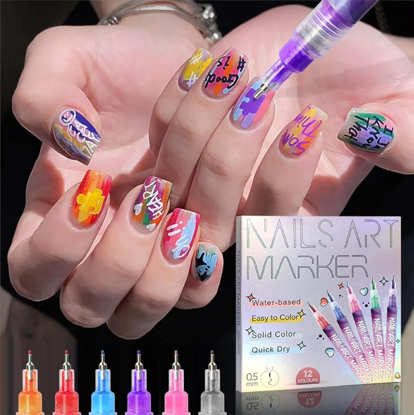 12 Color Nail Art Pens,Waterproof and Quick-drying Nail for DIY Nails Art Design Manicure Tools